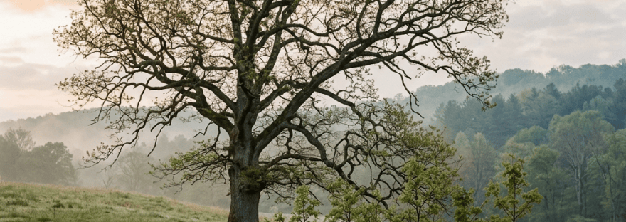 Large oak tree standing in a misty meadow surrounded by forest